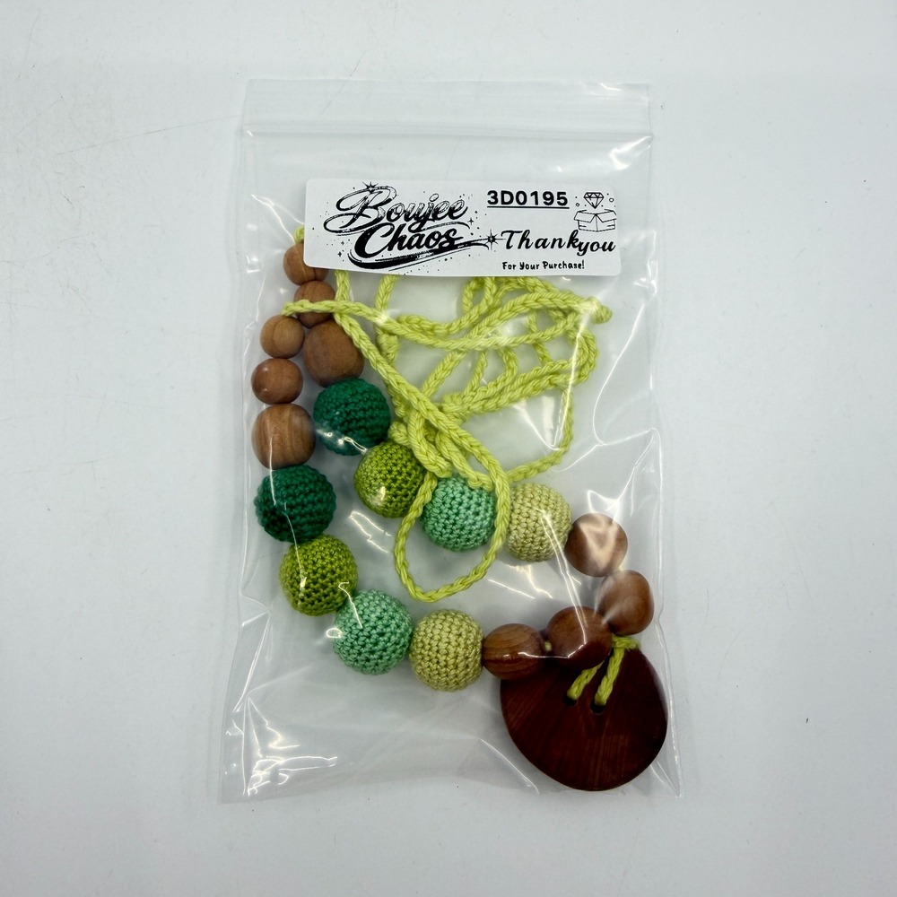 Y2K Ombre Green Crochet Bead & Wood Statement Necklace Artisan Jewelry Gift - Picture 15 of 15